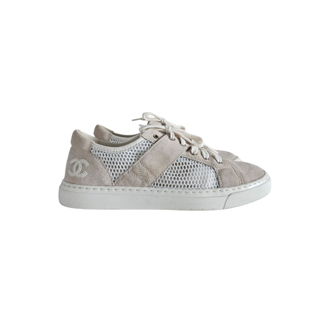 Chanel White and Grey Mesh Suede Low Top Sneakers, size 38