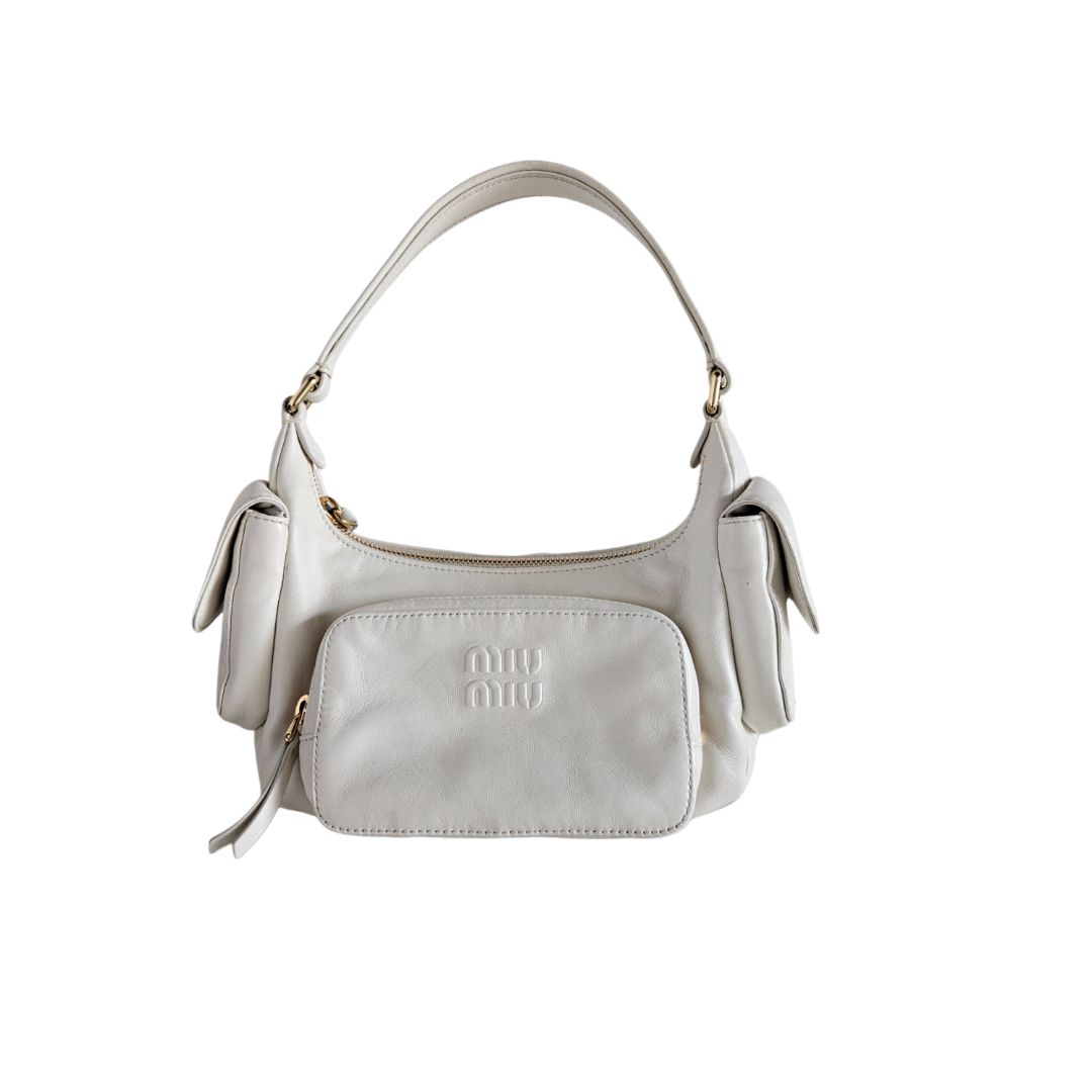 Miu Miu logo-embossed leather cream pocket shoulder bag