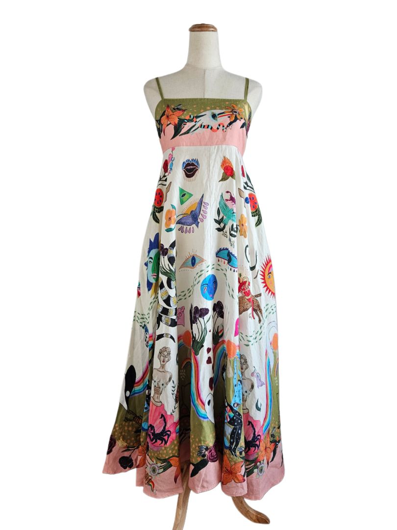 Alemais Multicolor Evergreen Floral Linen Spaghetti Strap Midi Sundress