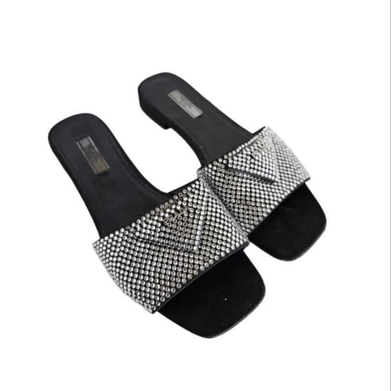 Prada Black Satin Crystal Embellished Flat Slides, size 38.5