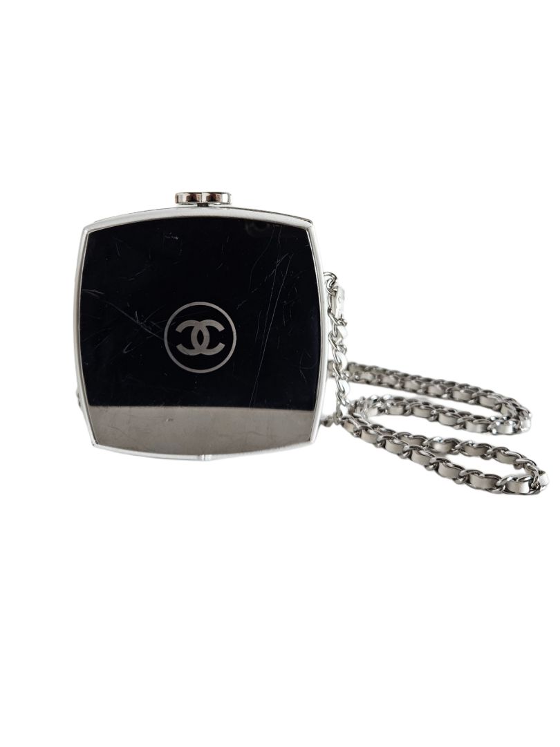 Chanel White Patent Leather and Silver Mirror Minaudière Silver Hardware