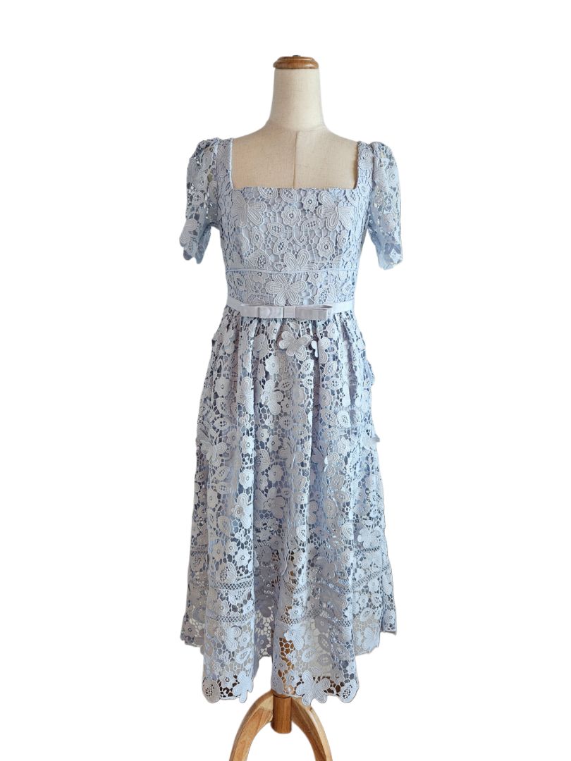 Self Portrait Light Blue Embroidered Floral Lace Midi Dress, size US6 / UK10