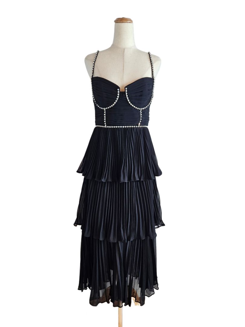 Self Portrait Black Rhinestone Embellished Tiered Chiffon Layered Pleated Midi Dress