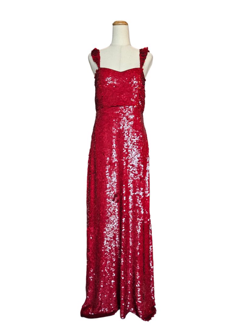 Valentino Red Sequin Embellished Sleeveless Silk Gown