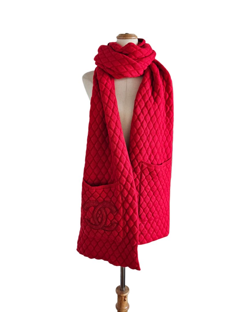 Chanel Red Oversized Knit CC Scarf