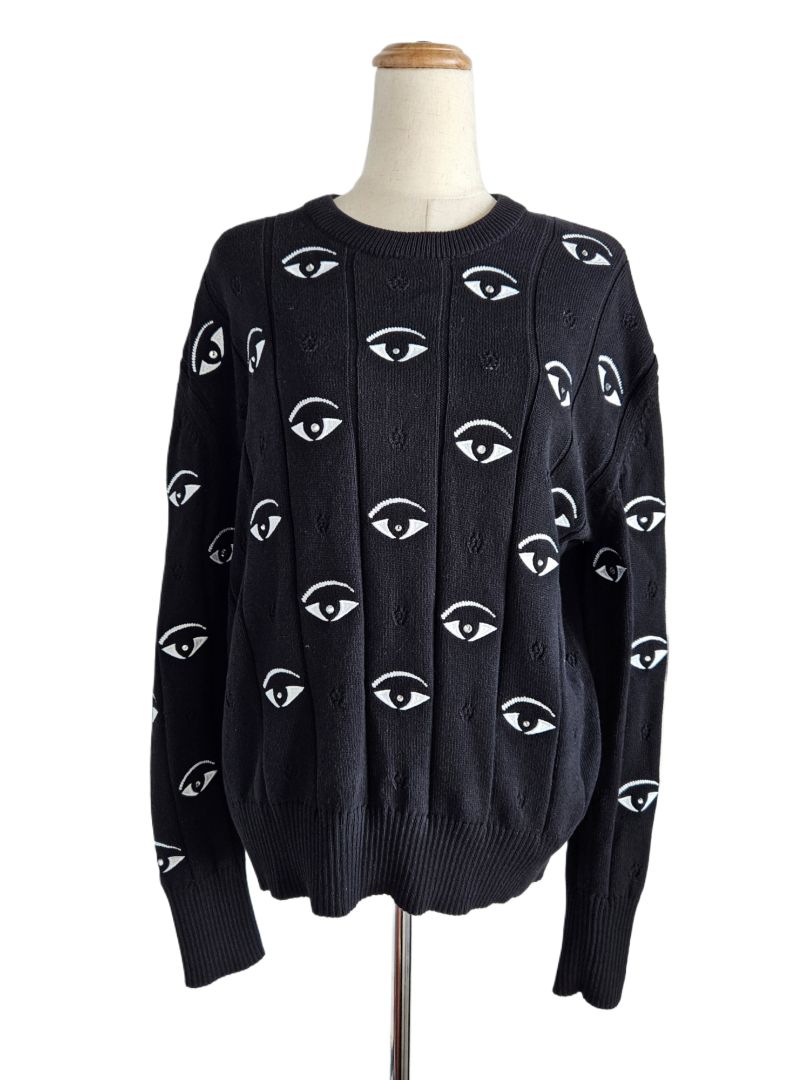 Kenzo Black/White Crystal Embellished Eye Embroidered Print Knit Sweater, size LEmbroidered Knit, size L
