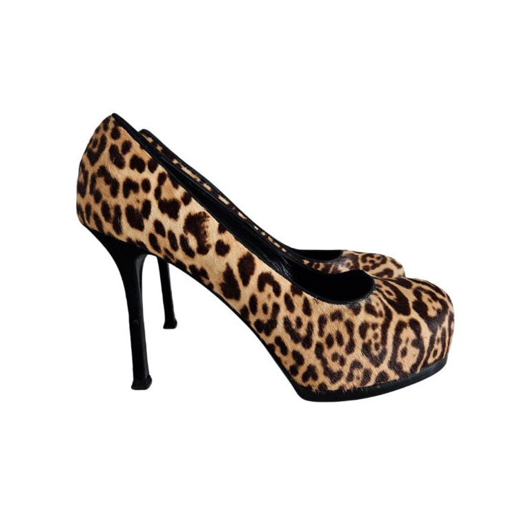 Saint Laurent Pony Hair Leopard Print Tribtoo Pumps, size 38.5