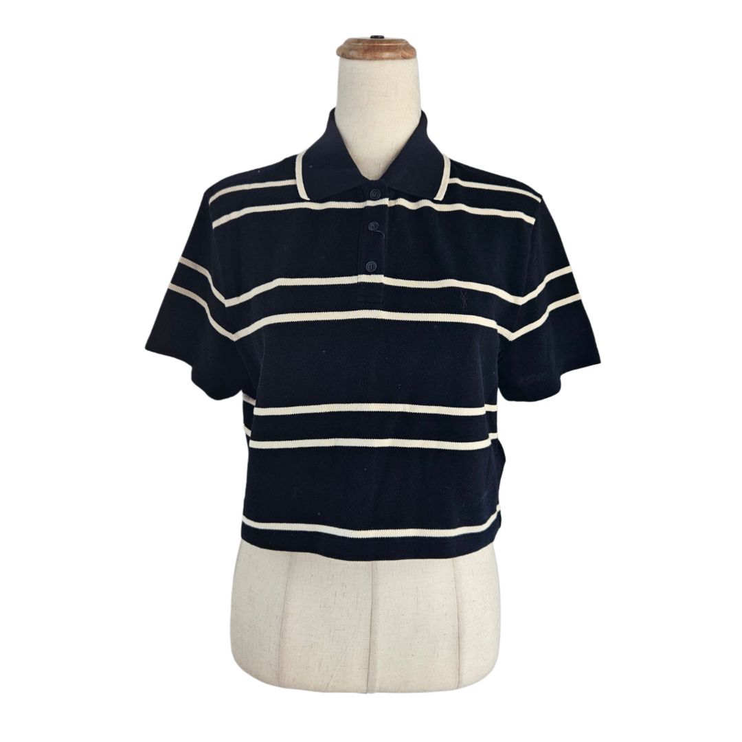 Saint Laurent Black & White Piqué Cropped Polo Shirt