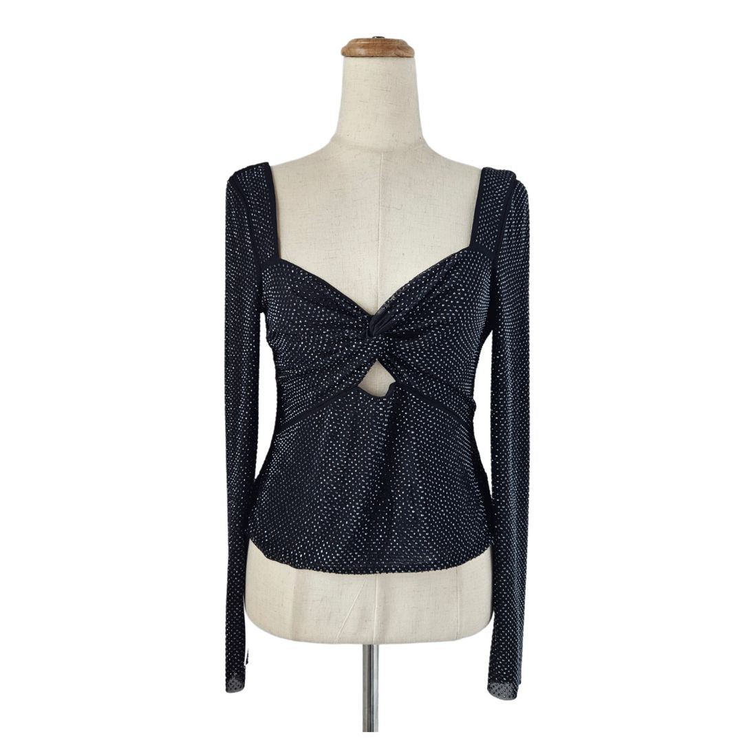 Self-Portrait Black Rhinestone Long Sleeve Mesh Top