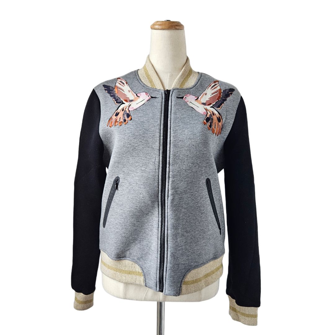 Red Valentino Grey & Black With Bird Print Bomber Jacket With Bird Print
