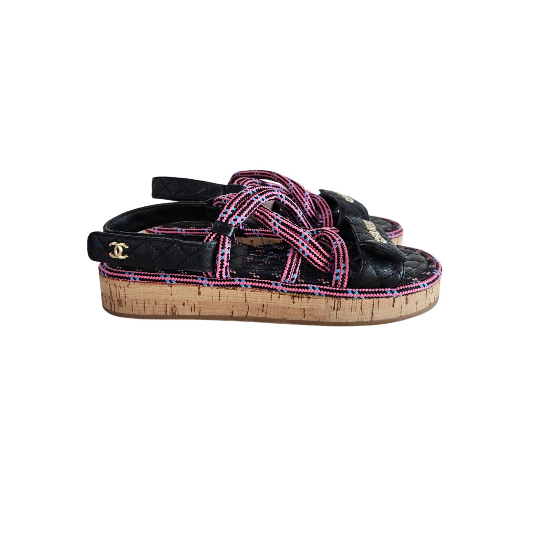 Chanel Black and Pink Rope With Cork Flat Sandal, size 38