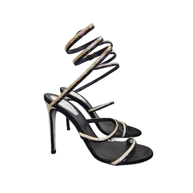 René Caovilla Black and Gold Crystal Cleo Heels Sandal, size 38