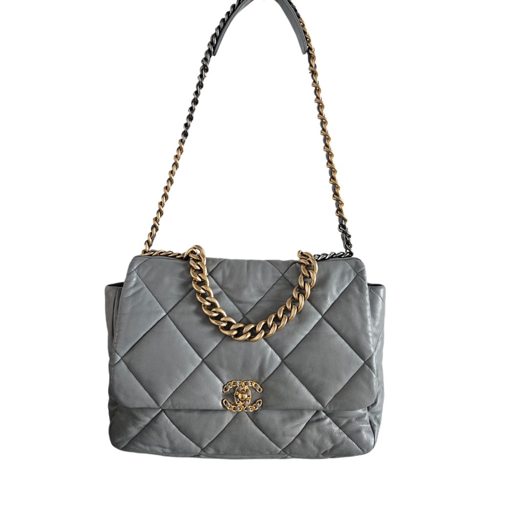 Chanel Grey Quilted Lambskin Leather Maxi 19 Flap Bag