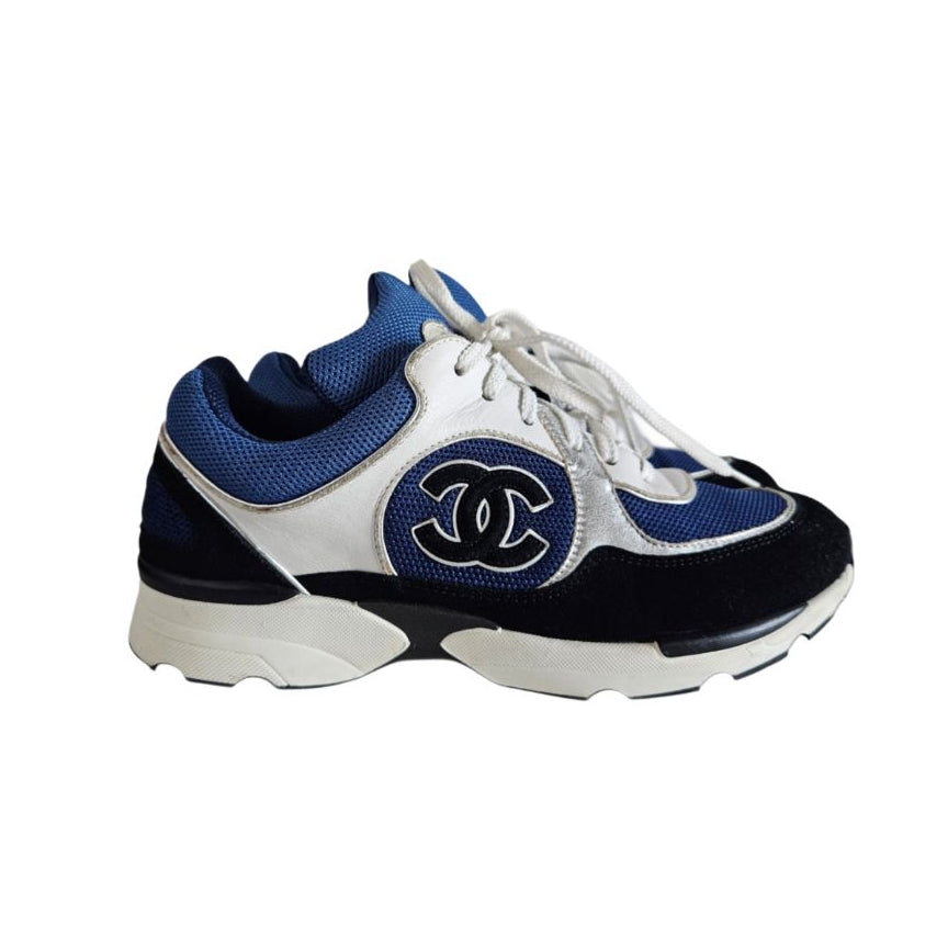 Chanel Tri-Color Mesh Leather & Suede Lace Up Sneakers, 38.5