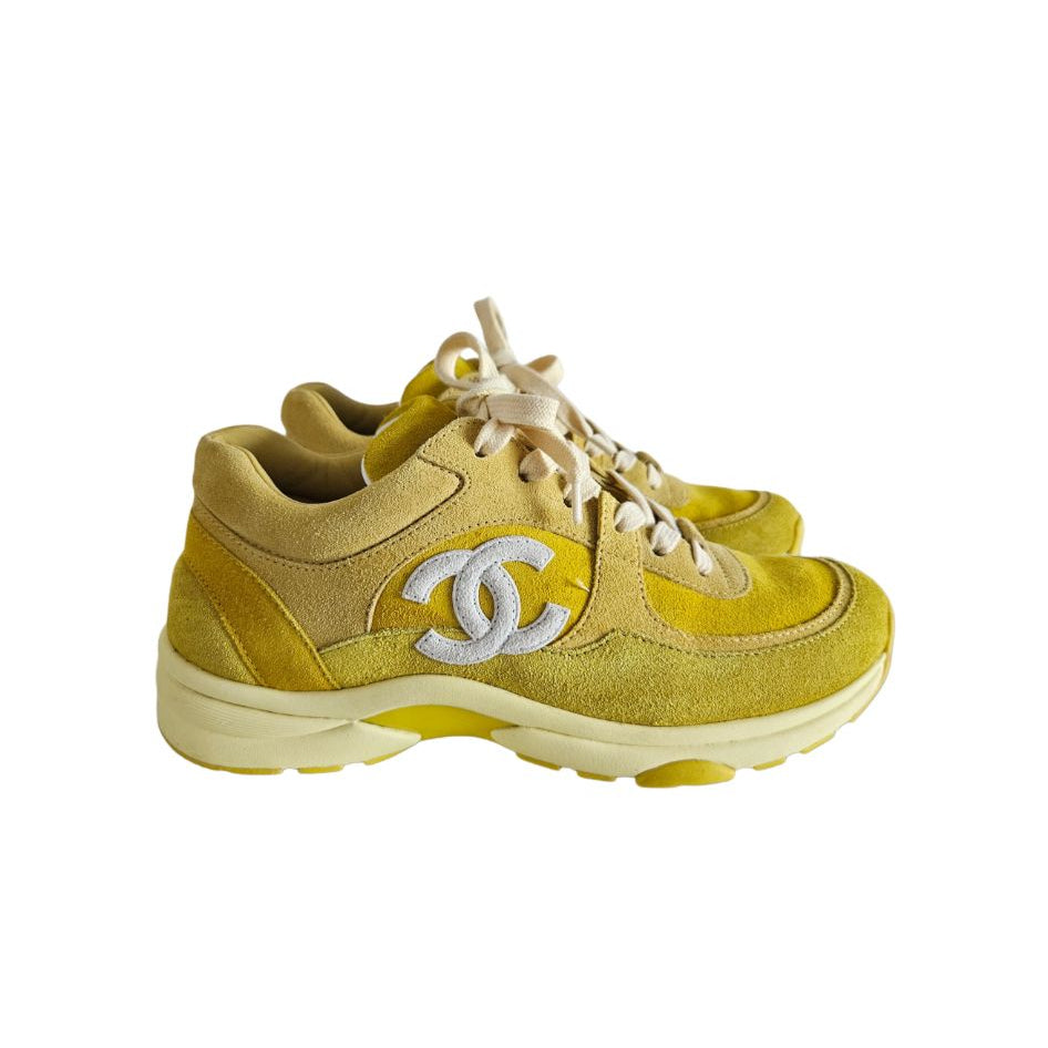 Chanel Yellow CC Suede Lace Up Sneaker, Size 38
