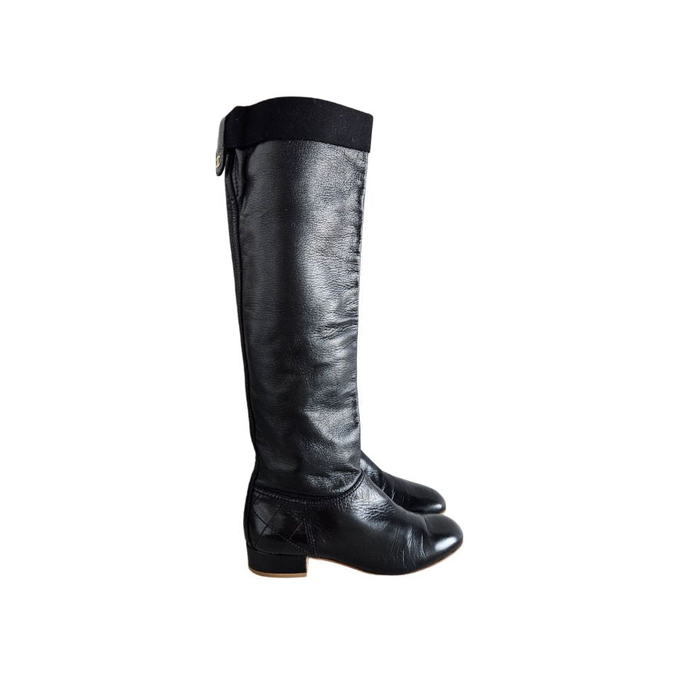 Chanel Black CC Leather & Suede Knee High Boots, size 38