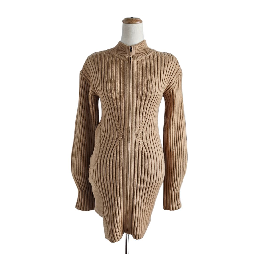 David Koma Beige Ribbed Cut Out Long Sleeve Knitted Dress