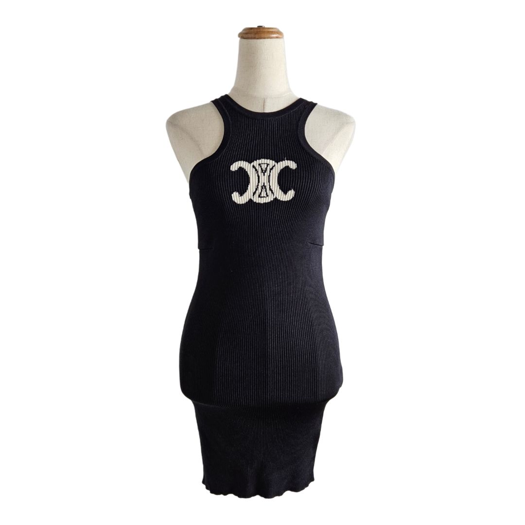Celine Black Rib Knit Sleeveless Triomphe Open Back Tank Dress
