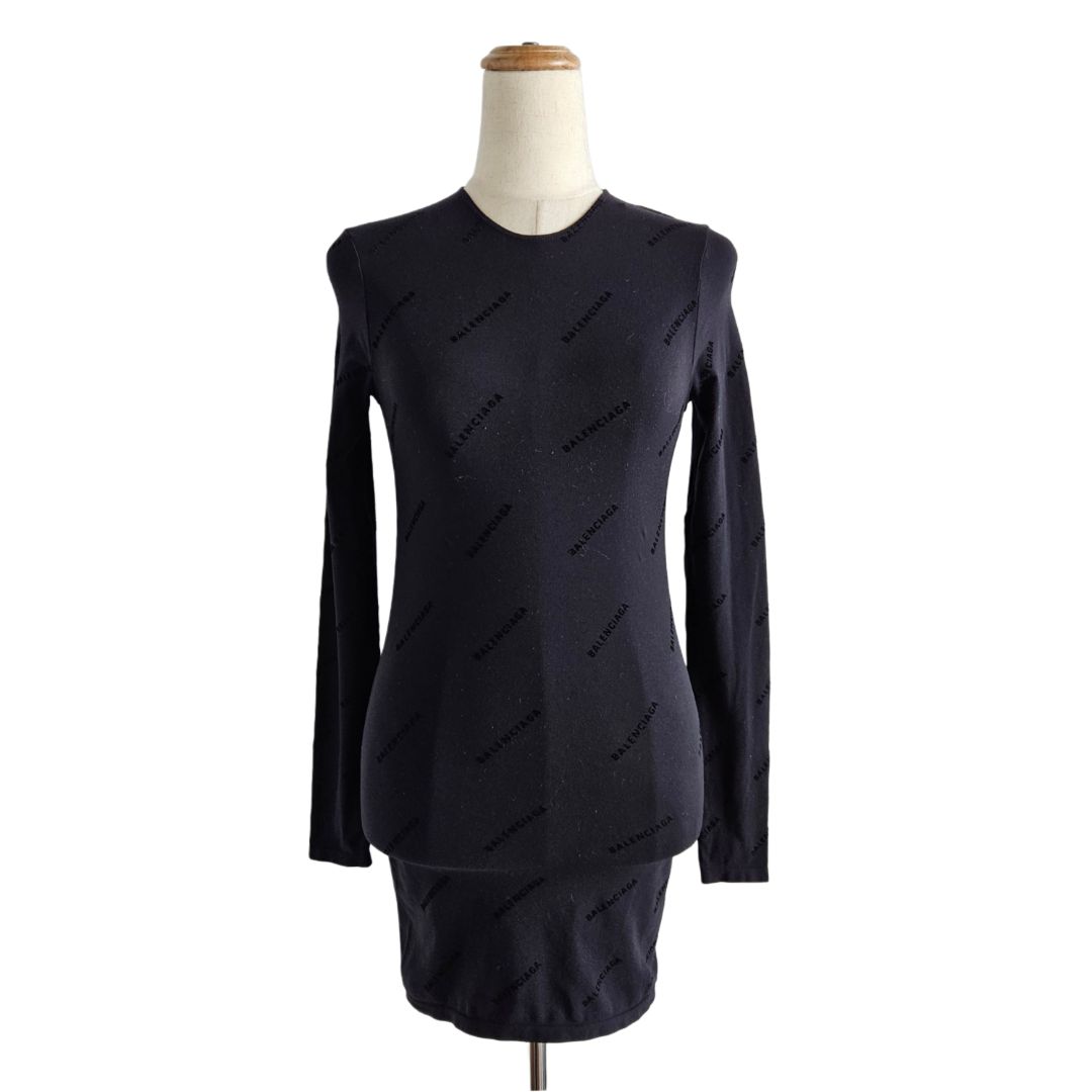 Balenciaga Black W/ Velvet Logo Log Sleeve Bodycon Short Dress