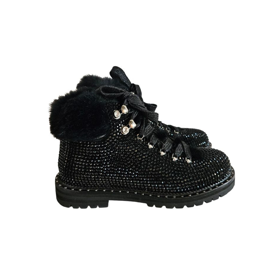 Lola Cruz Black Crystal Embellished Up Chunky Lug Sole Ankle Boots