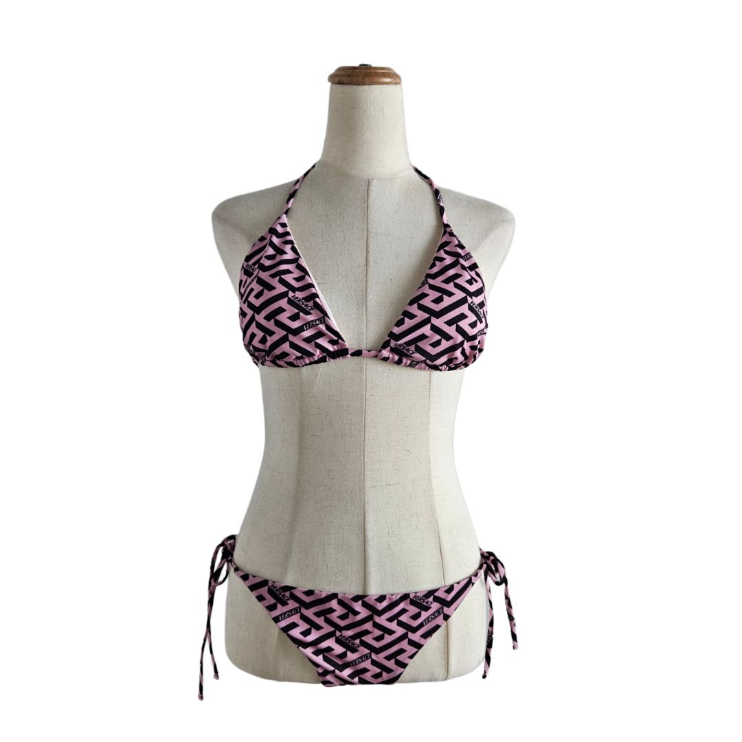 Versace Pink/Black Logo Print Two Piece Swimsuit