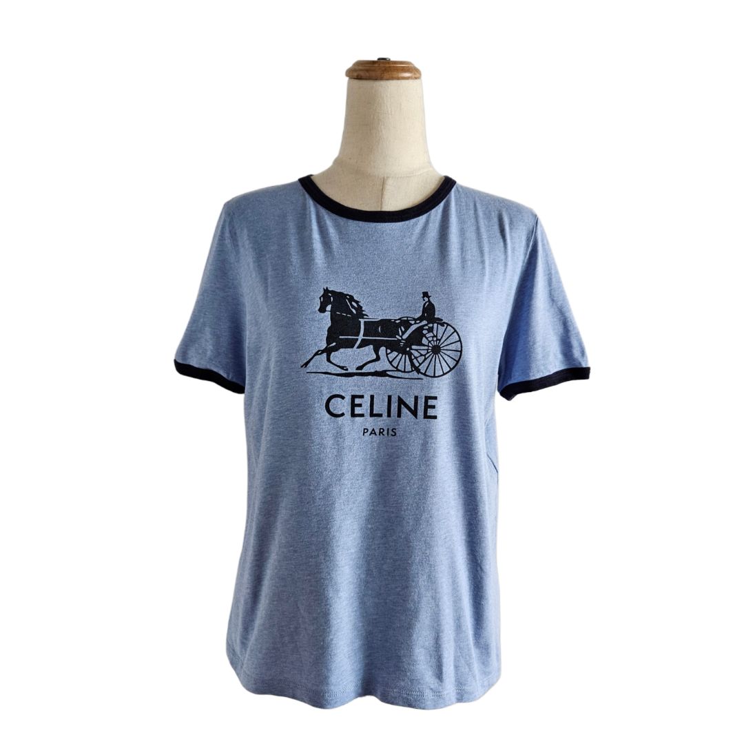 Celine Blue/Black Horse Carriage Logo T-shirt