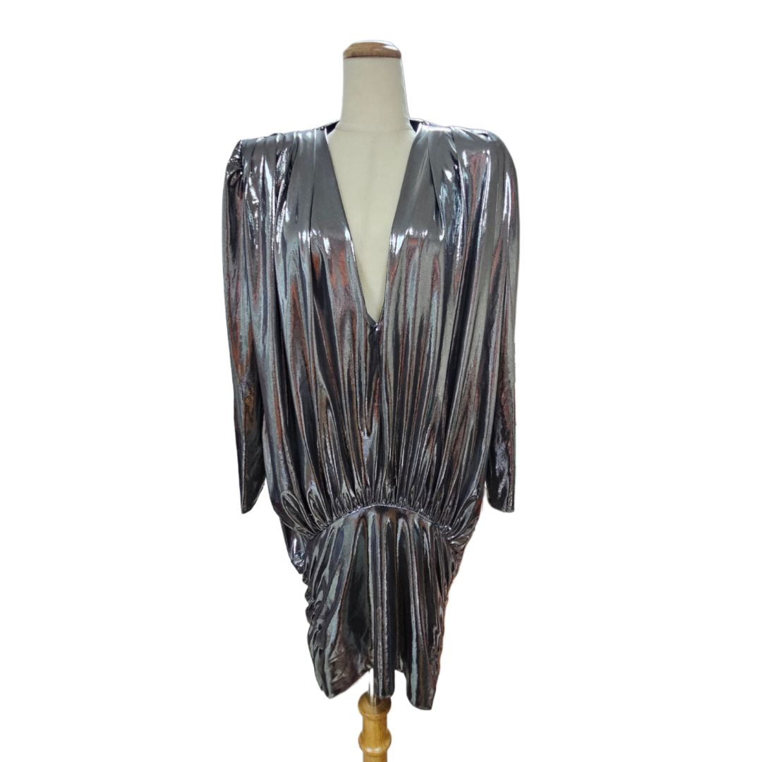 Attico Metallic Silver Long Sleeve V-Neck Mini Dress