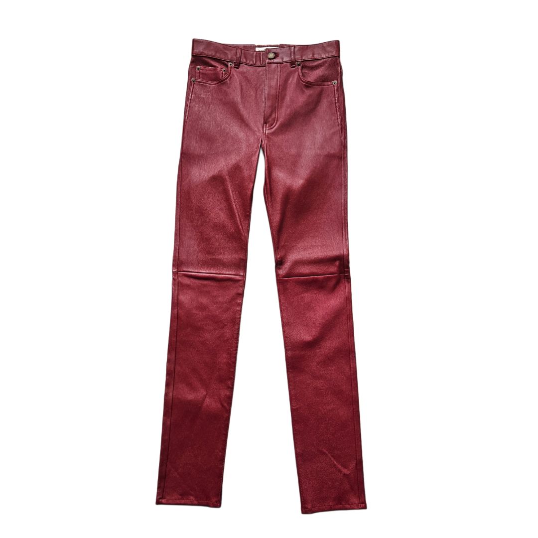 Saint Laurent Burgundy Leather Straight Leg Trousers
