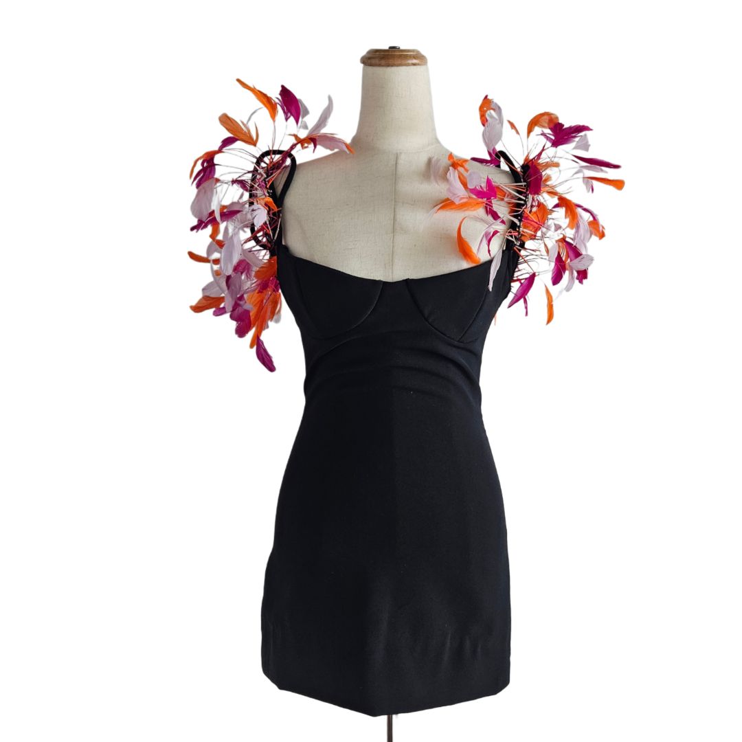 Attico Black Feather Spaghetti Strap Mini Dress