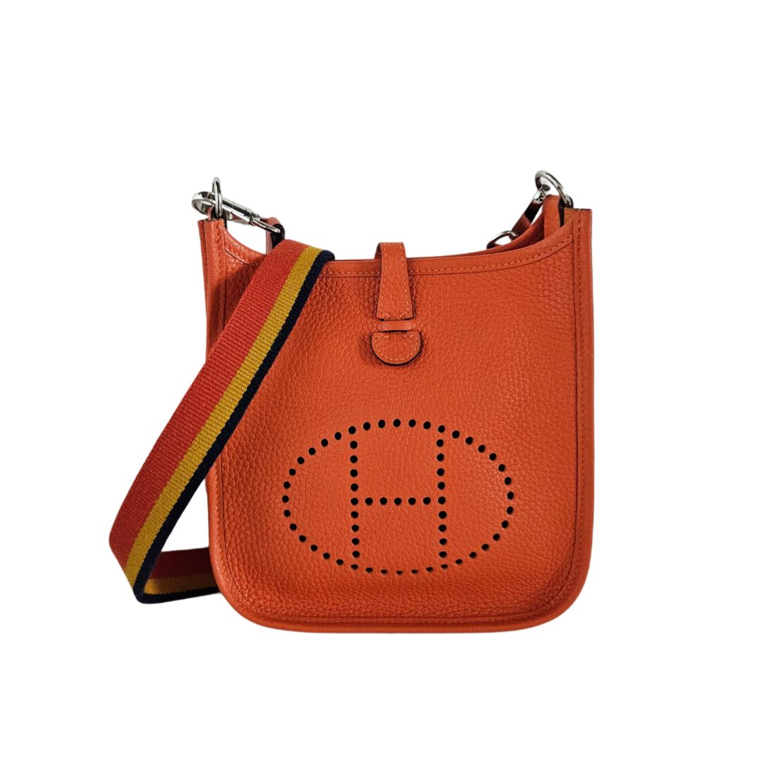 Hermes Orange Leather With Canvas Stripe Strap TPM Evelyn Bag
