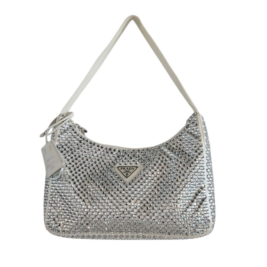Prada White Satin Re-Edition 2000 Crystals Embellished Shoulder Bag