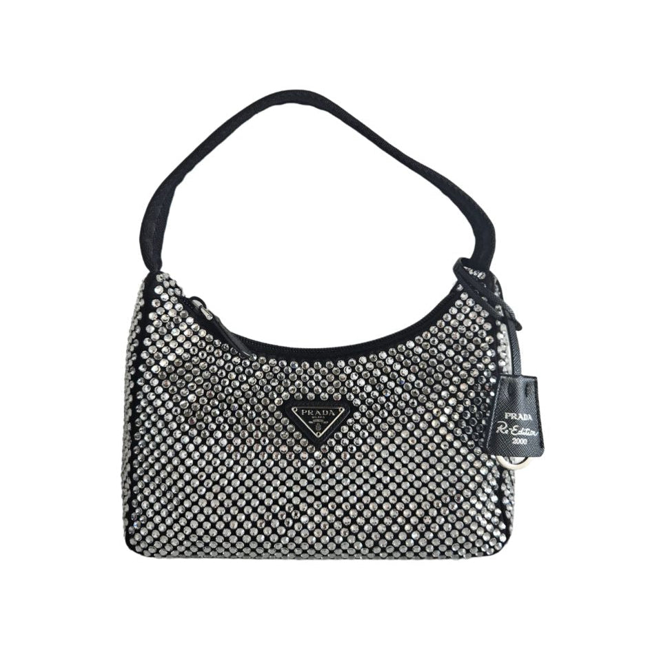Prada Black Satin Re-Edition 2000 Crystals Shoulder Bag