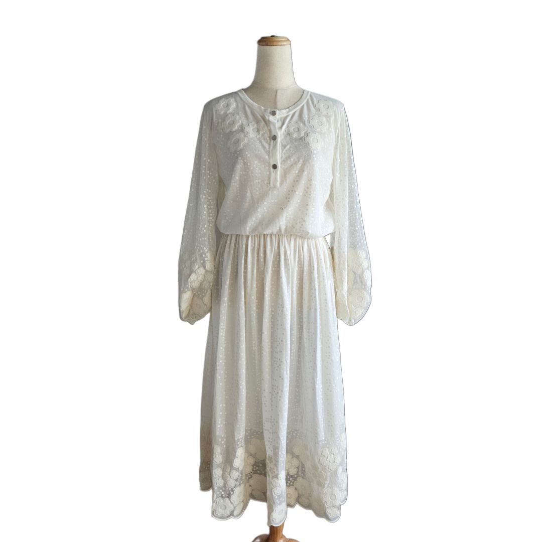 Chanel Cream Flower Sequin Embellished Long Sleeve Long Dress