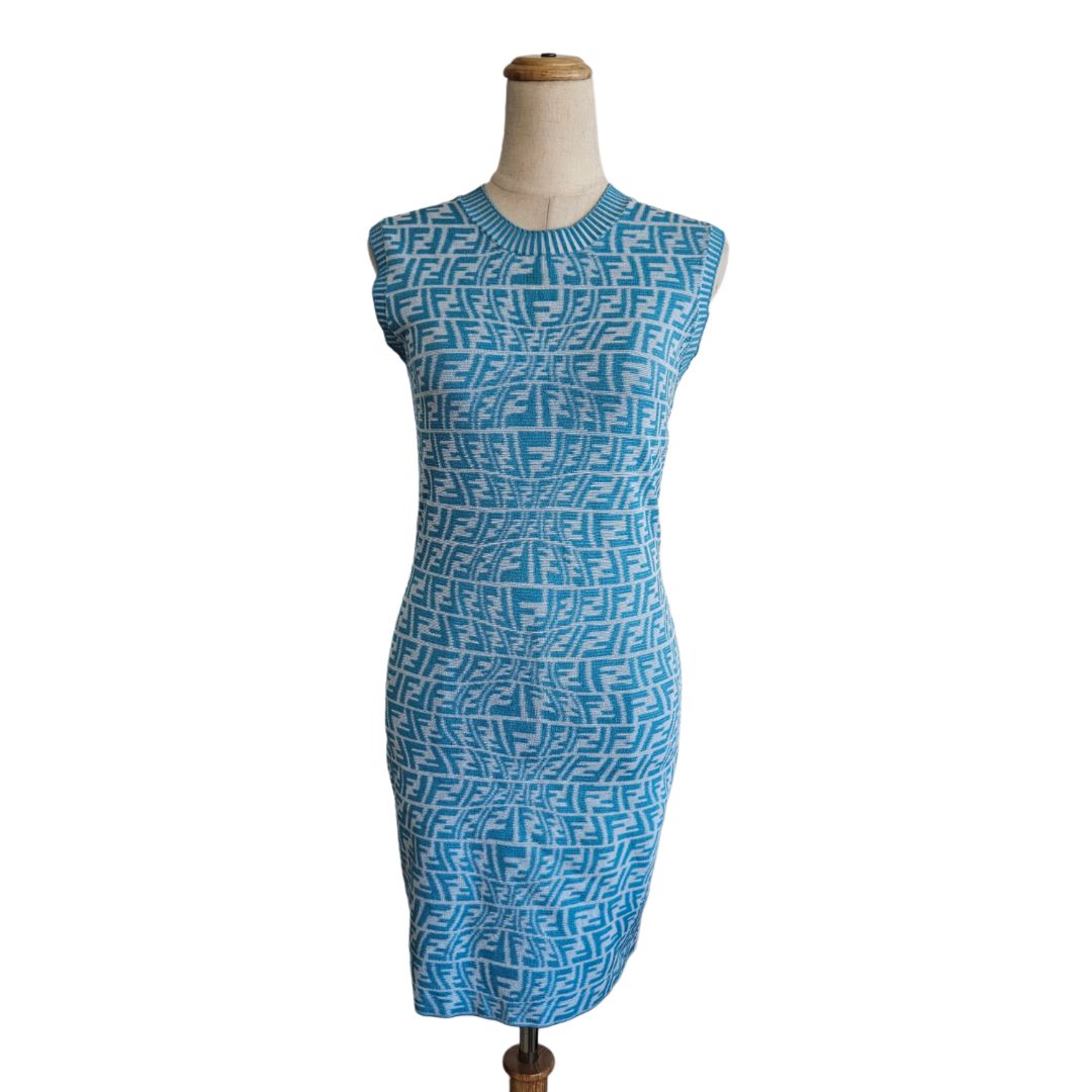 Fendi Blue/White Printed Logo Sleeveless Midi Bodycon Dress