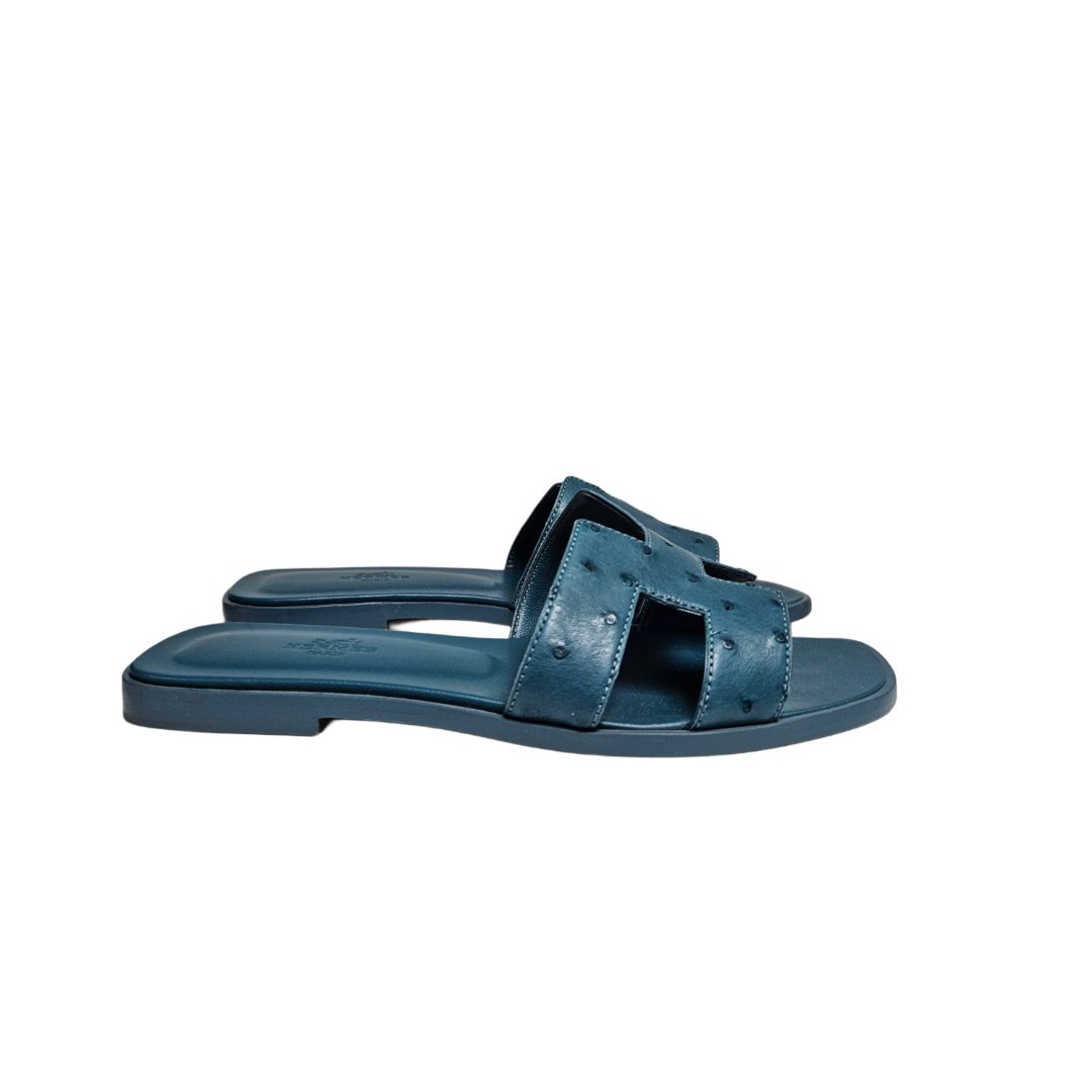 Hermes Teal Blue Ostrich Leather Oran Sandal, Size 38