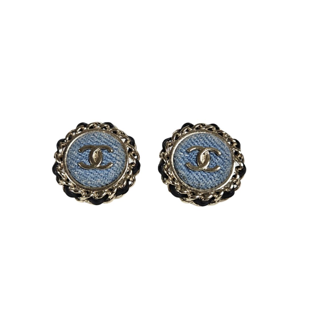 Chanel Round Denim Chain Detail Oversized Earring