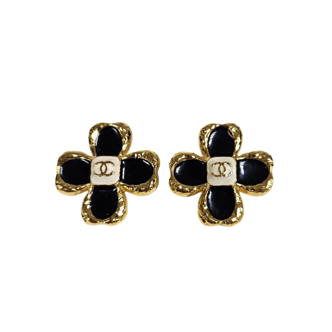 Chanel Black Resin With Gold Flower Oversized Earrings