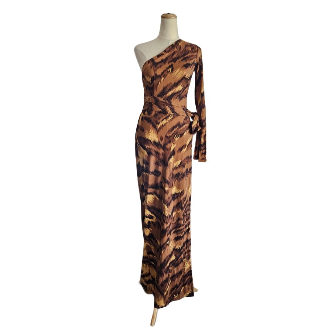 Diane Von Furstenberg Brown One Shoulder Leopard Print Wrap Around Long Dress