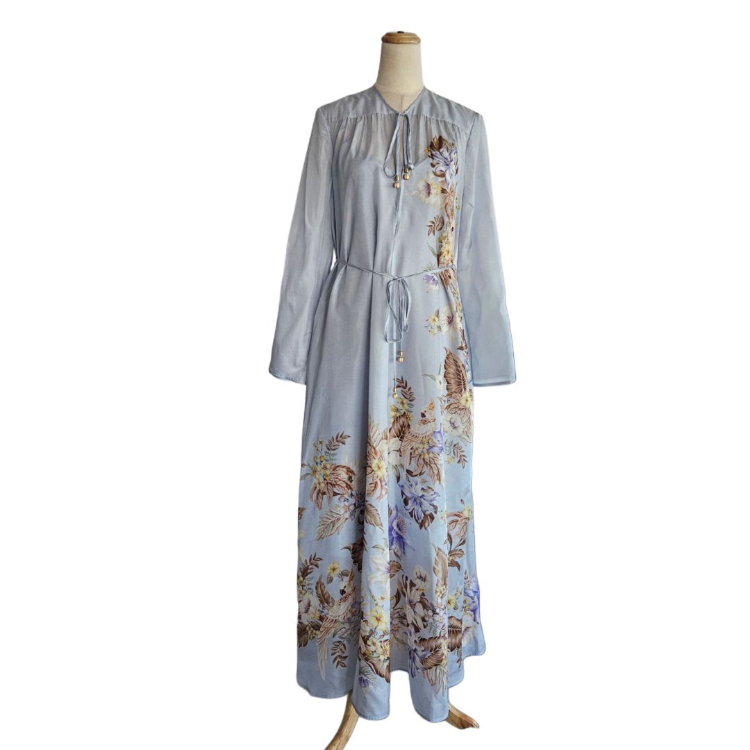 Zimmermann Light Blue W/ Multicolor Floral & Animal Print Drawstring Long Sleeve Maxi Dress