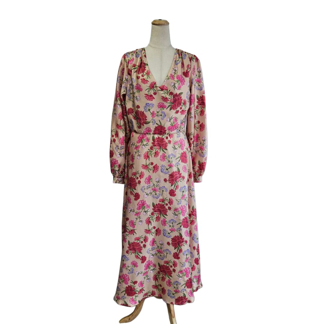 Sofia Tsereteli Pink Multicolor Floral Print V Neck Midi Dress