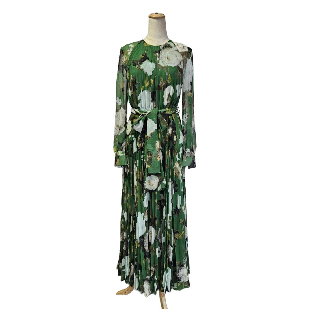 Erdem Green Floral Print Pleated Longsleeve Maxi Dress