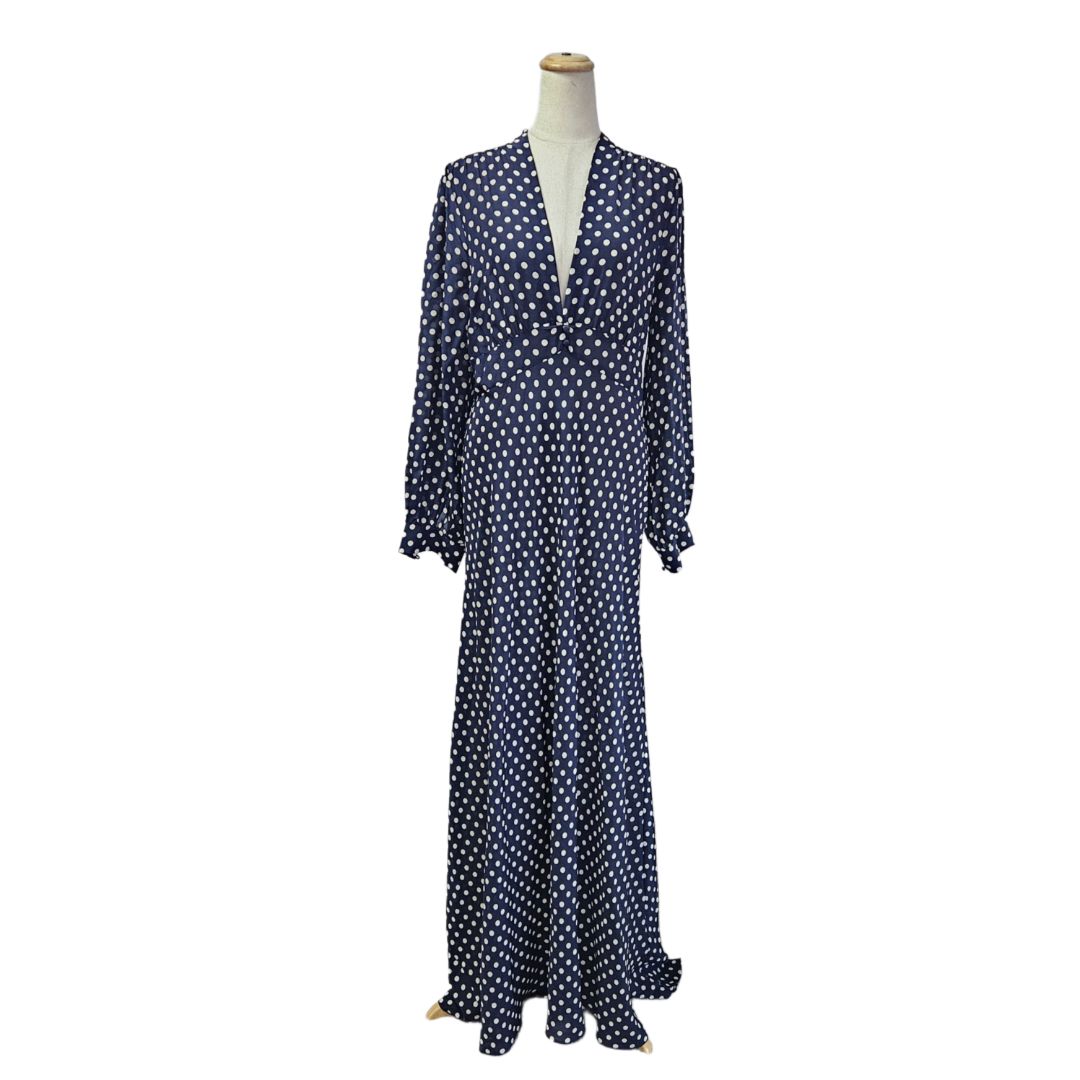 Rixo Navy & White Polka Dot Longsleeve Maxi Dress