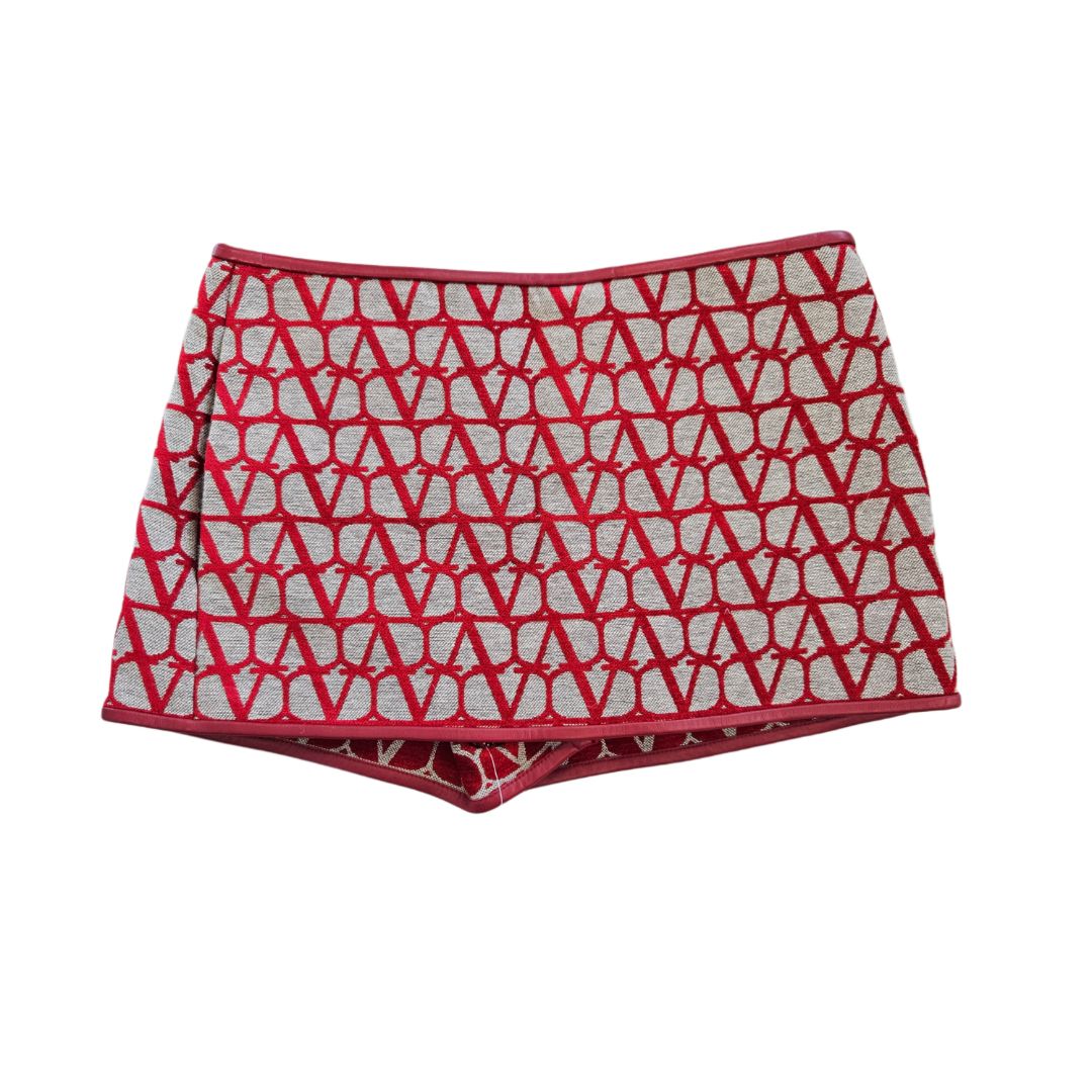 Valentino Red/Beige Jacquard VLogo With Leather Lining Mini Skort