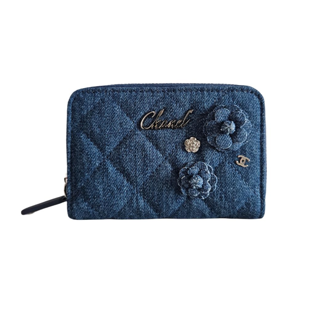 Chanel Blue Quilted Denim Camellia Zip Around Wallet, brand new