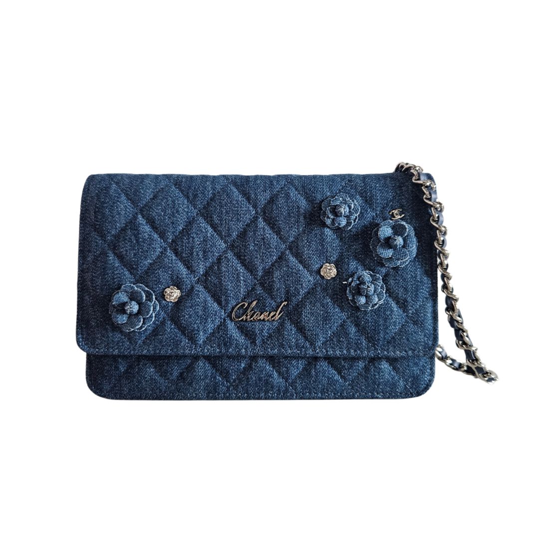 Chanel Blue Quilted Denim Camellia Wallet On Chain, brand new