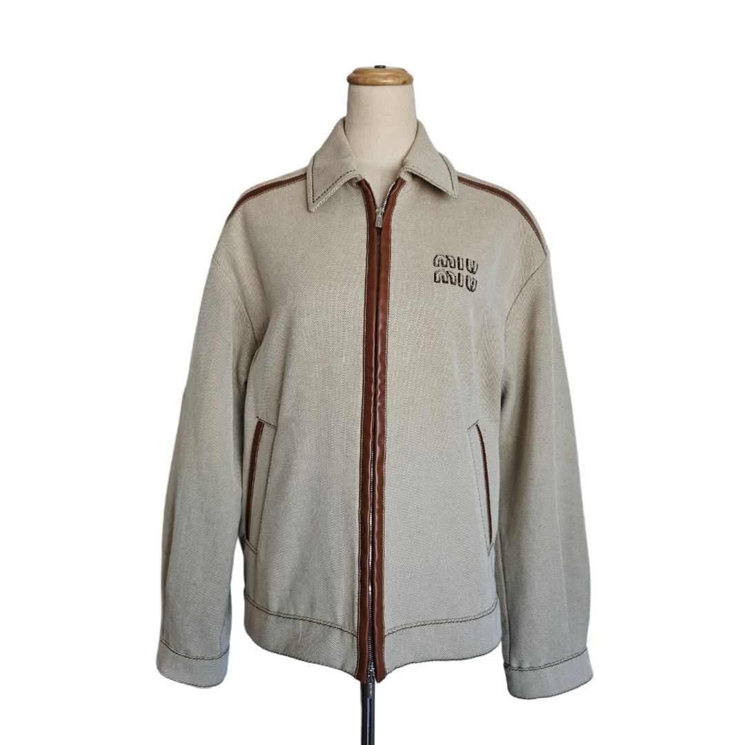 Miu Miu Beige Jacquard Canvas Blouson With Leather Trim Jacket, size 36