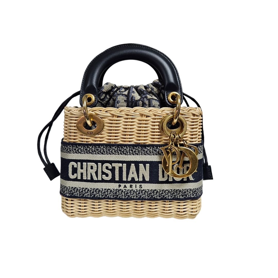Christian Dior Navy/Beige Canvas & Wicker Mini Lady Dior Top Handle Bag