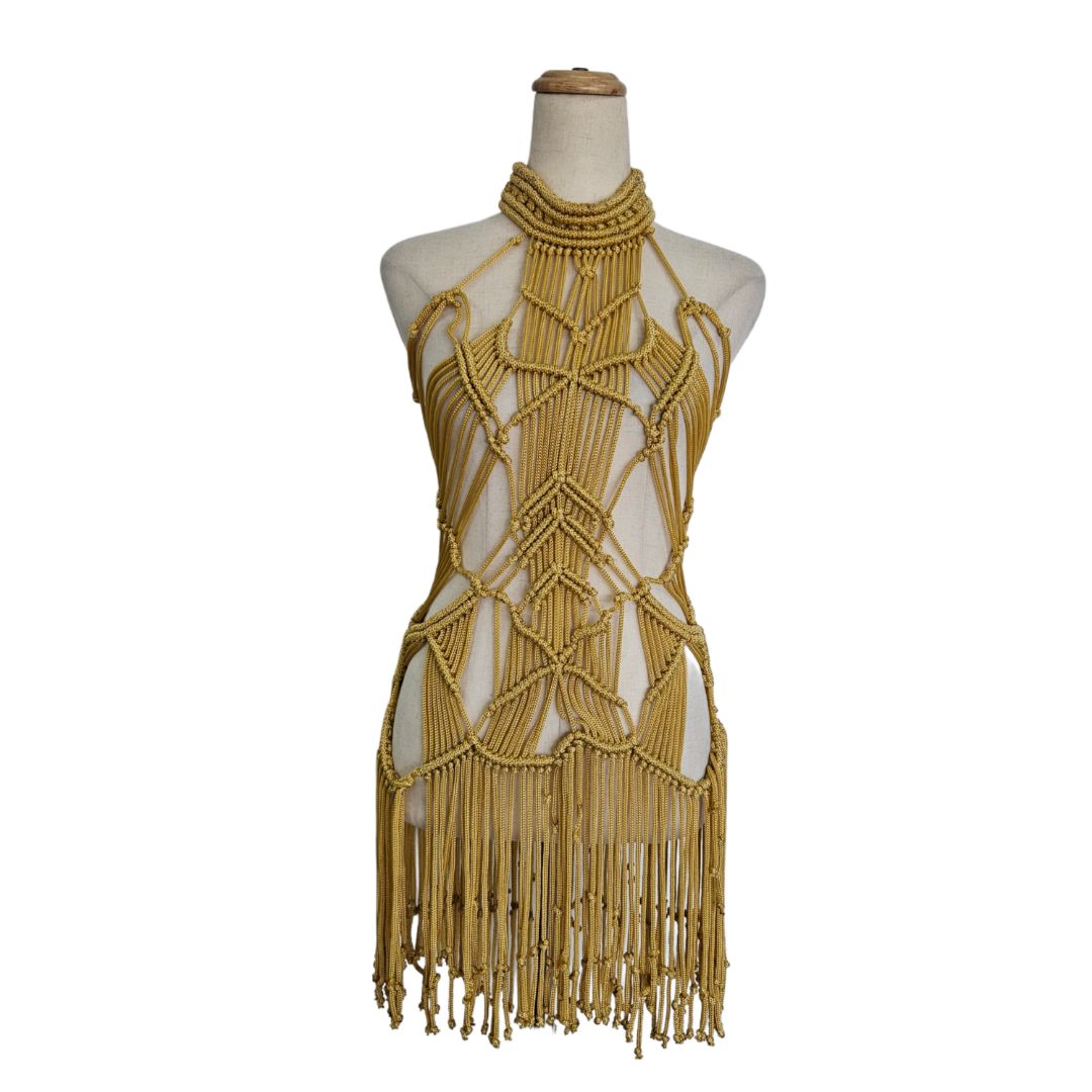 Karima Gold Crochet Fringe Mini Dress