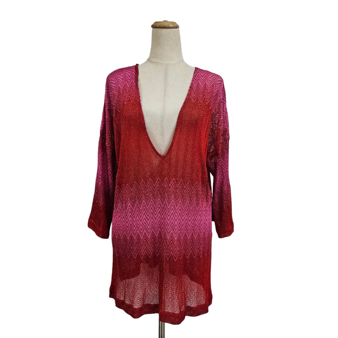 Missoni Metallic Red & Pink Zigzag Knit Kaftan Top