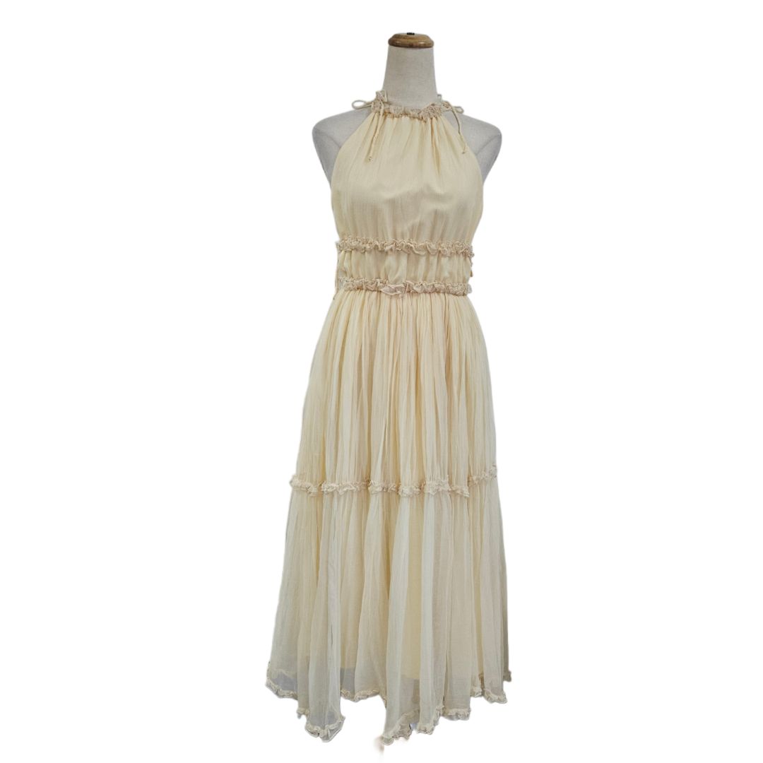Miron Cream Sleeveless Ruffle Pleated Long Dress